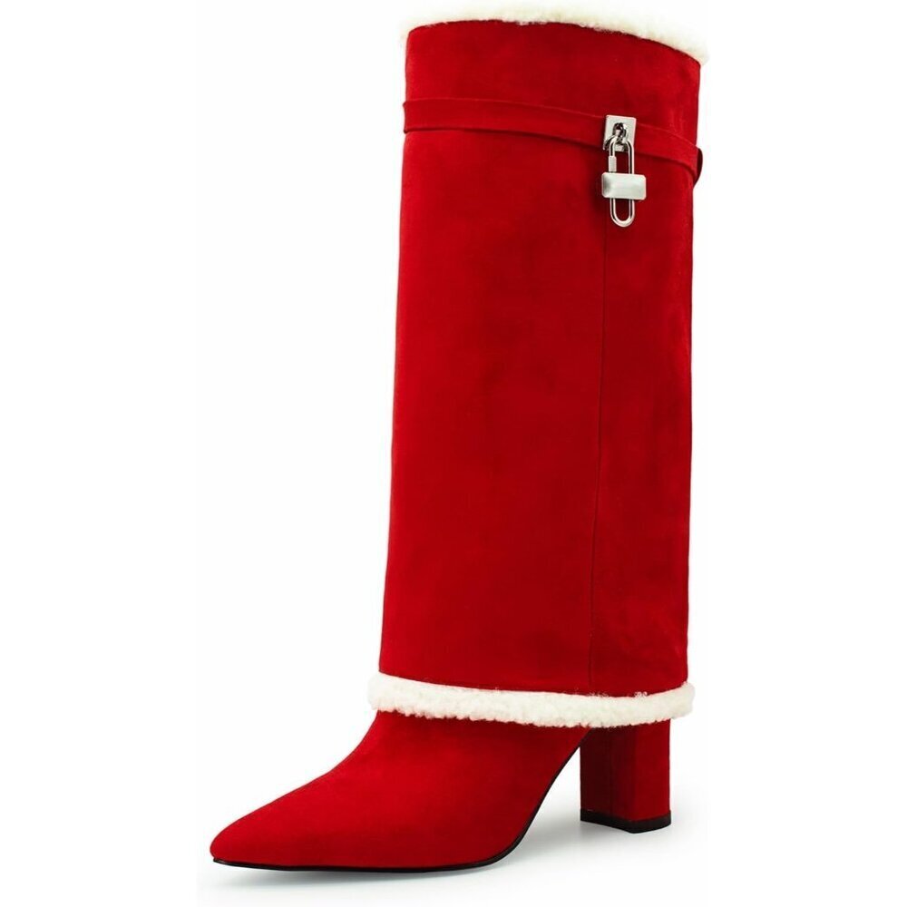 Women's Red Chunky Heel Pointed Toe Wide Calf Fashion Sexy Winter Boots